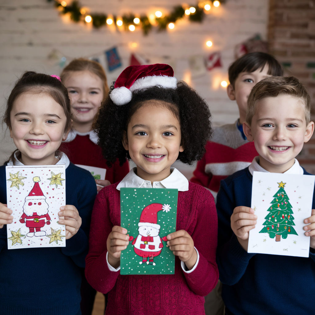 Children displaying personalised Christmas cards from school fundraising project